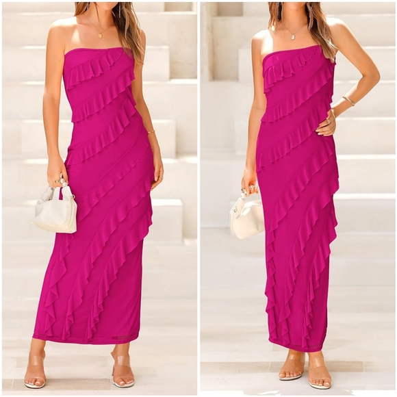 BTFBM Dresses & Skirts - NWT BTFBM Hot Pink Strapless Tube Ruffle Frill Mesh Bodycon Long Maxi Dress XXL